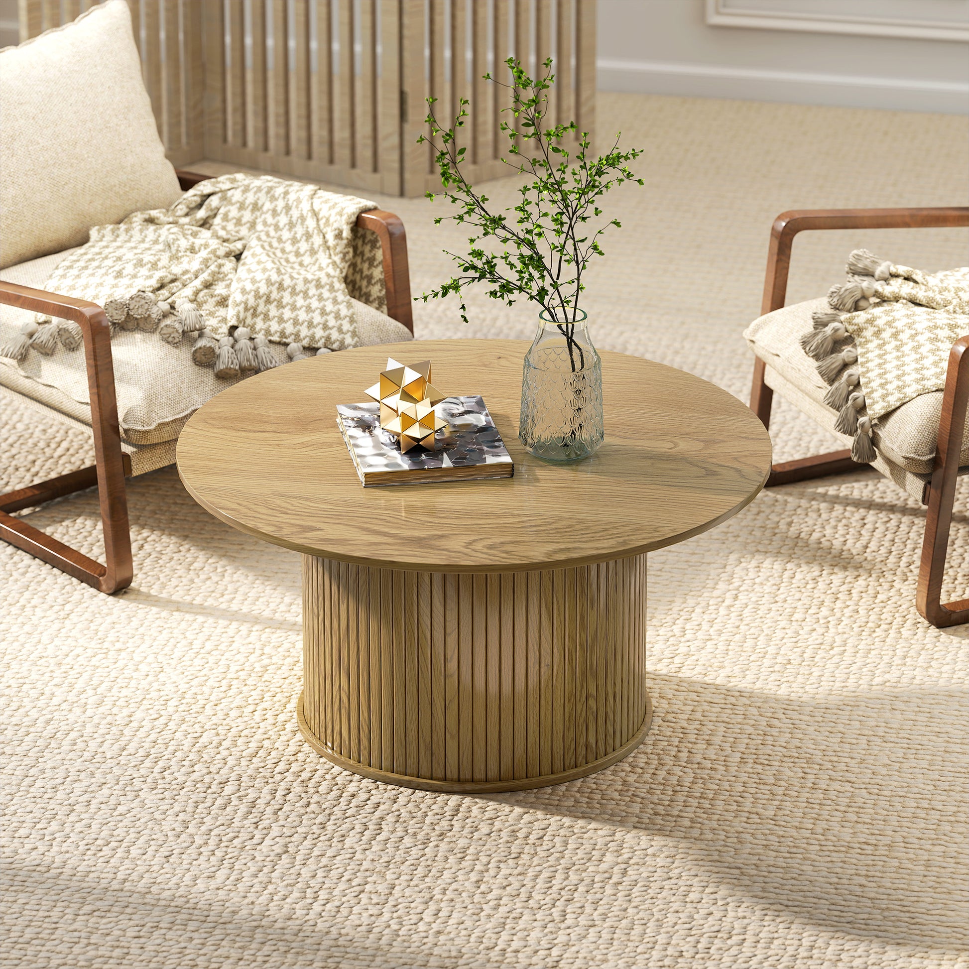 HOMCOM Nordic Round Oak Coffee Table with Fluted Cylindrical Base for Living Room