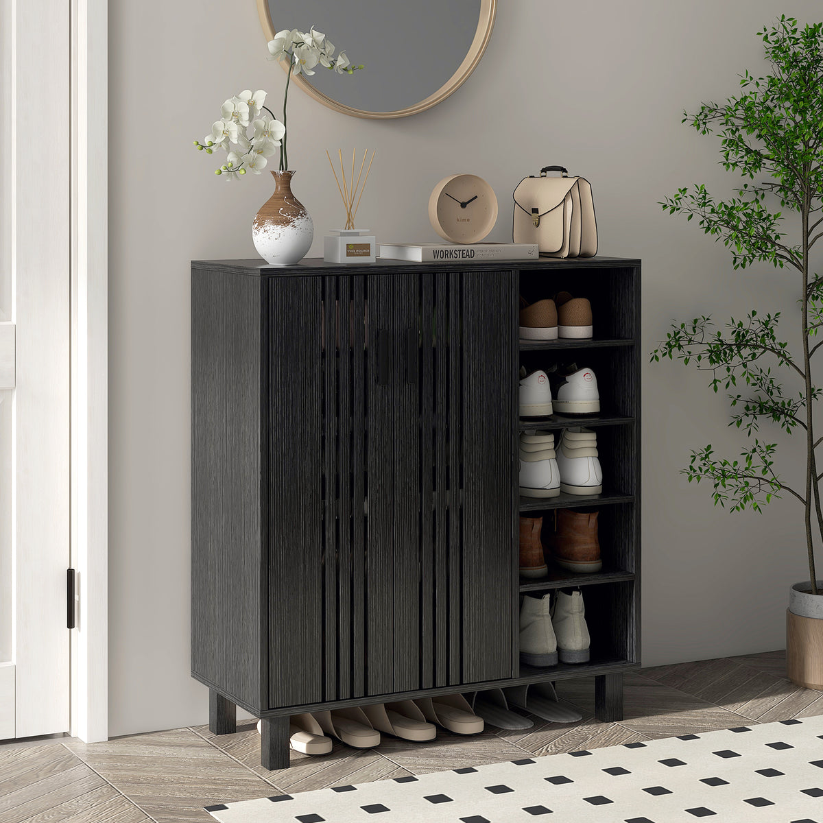 Shoe Cabinet with Double Doors and Open Shelves – 32"W x 35"H