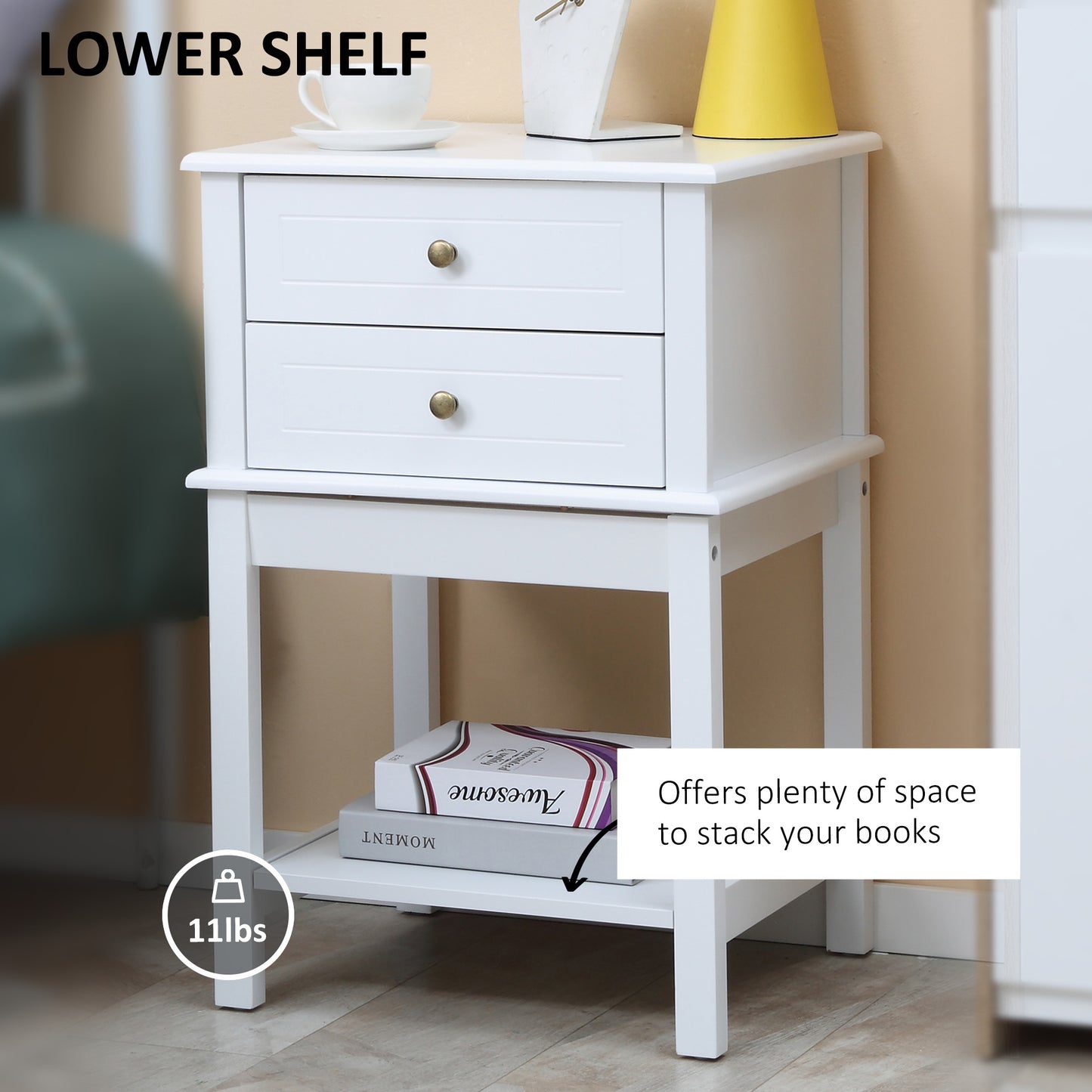Modern White Nightstand End Table with Drawers and Storage Shelf