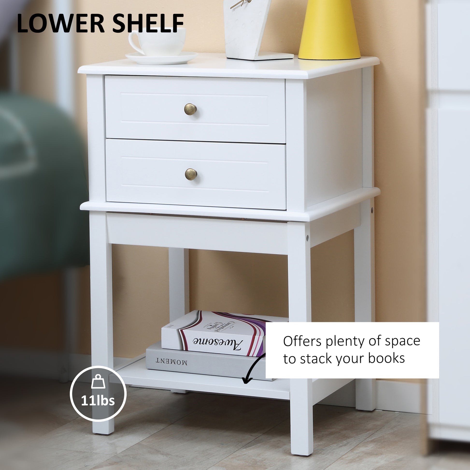 Modern White Nightstand End Table with Drawers and Storage Shelf