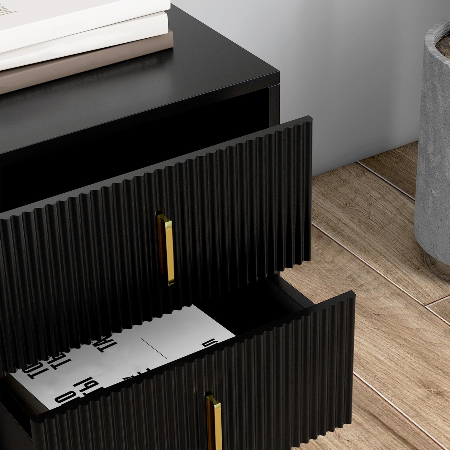 HOMCOM Modern Black 2-Drawer Bedside Nightstand, Fluted Fronts, Golden Metal Legs