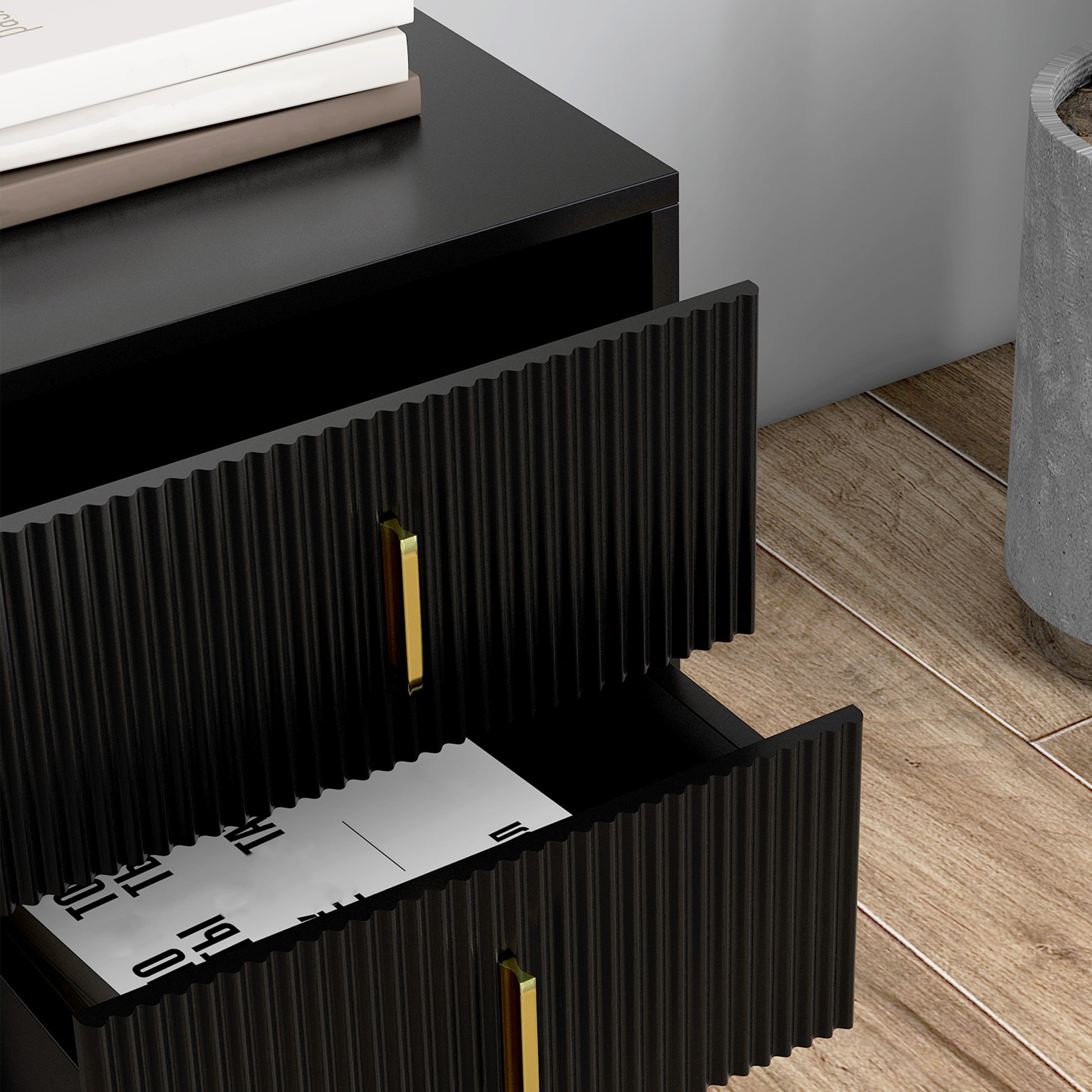 HOMCOM Modern Black 2-Drawer Bedside Nightstand, Fluted Fronts, Golden Metal Legs