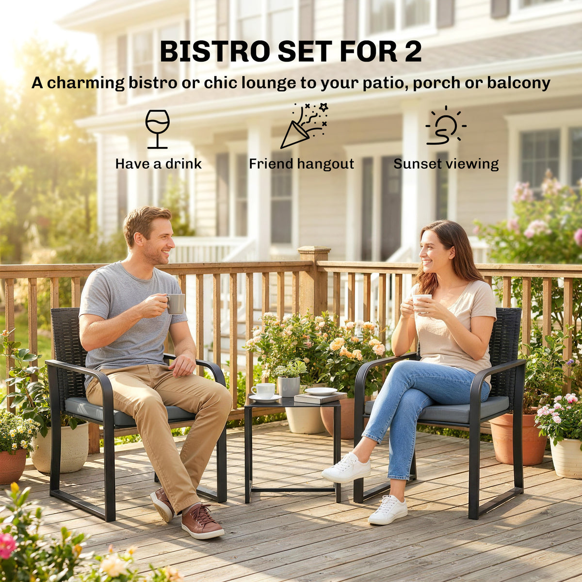 Outdoor Bistro Set, 3 Piece Wicker Patio Furniture with Mesh Seat, Glass Table, Cushions for Porch, Balcony – Grey