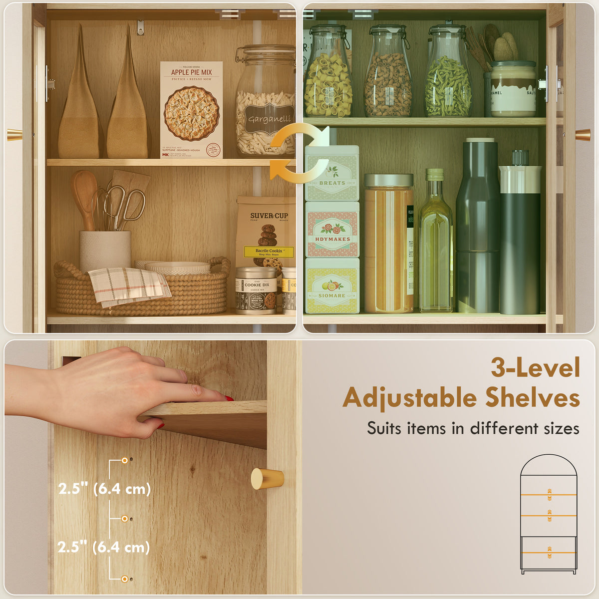 Farmhouse Kitchen Storage Cabinet with Acrylic Glass Doors – 31"W x 71"H