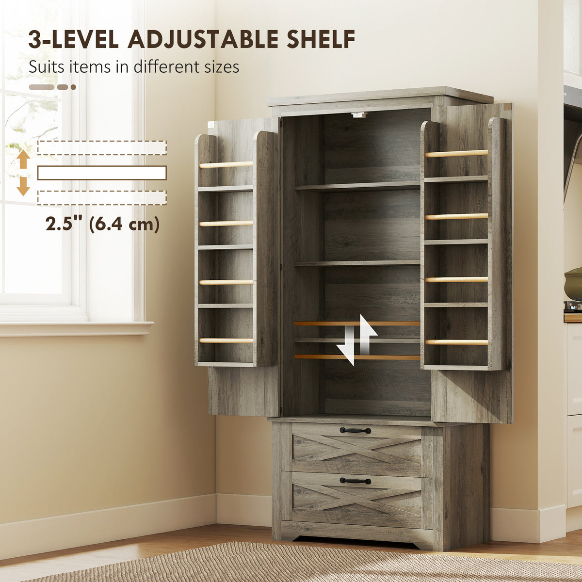 Freestanding Kitchen Pantry Cabinet with Drawers – 29"W x 64"H