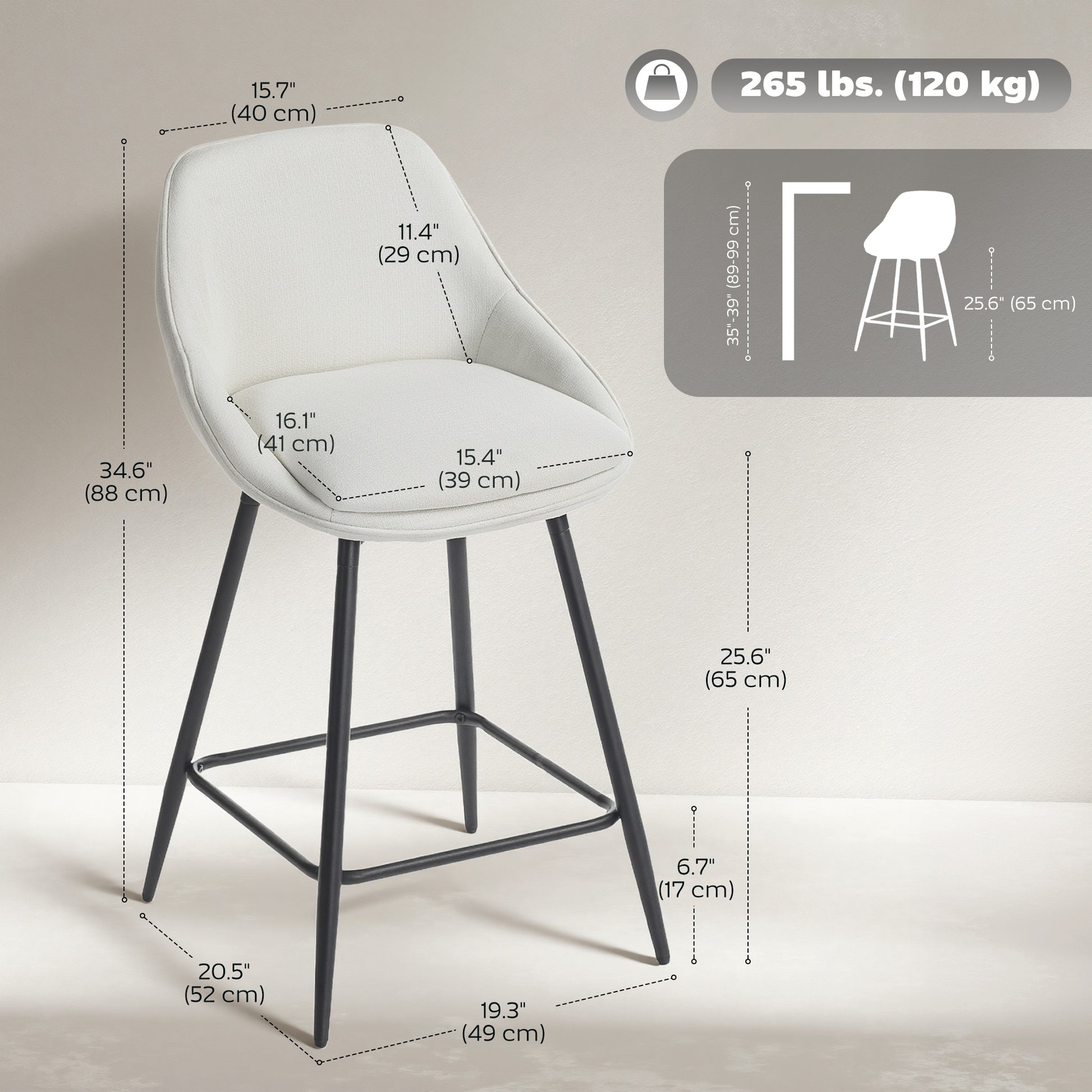 HOMCOM 26" Cream Upholstered Swivel Counter Bar Stools with Backrests