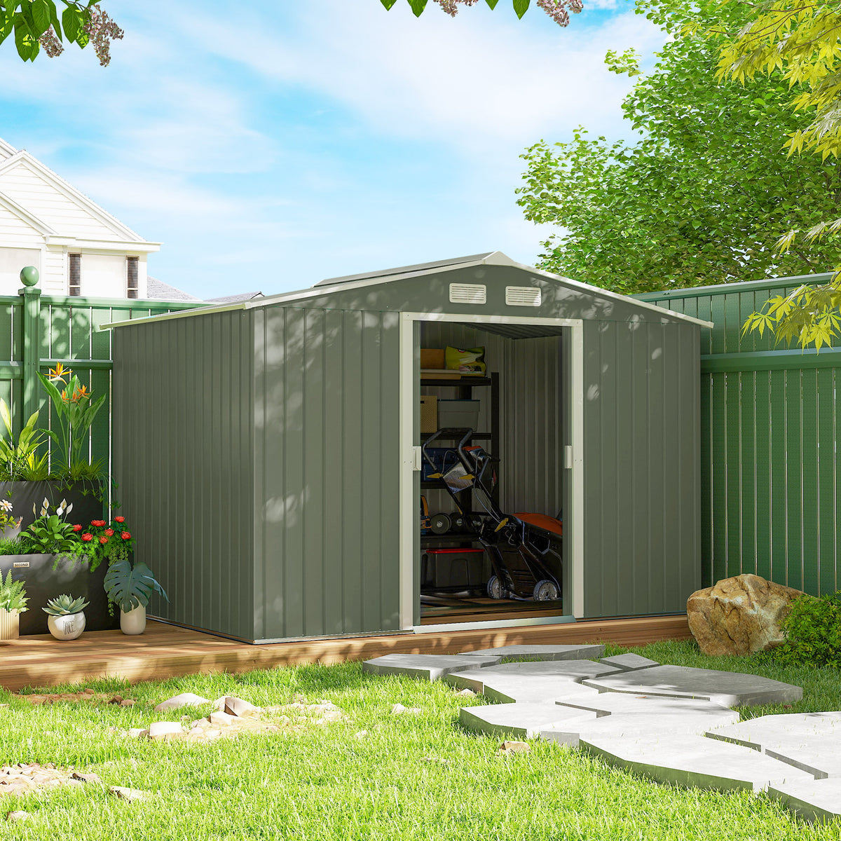 9.1'x6.4'x6.3' Garden Storage Shed, Outdoor Storage Tool House with Vents, Foundation and Lockable Double Doors – Light Green