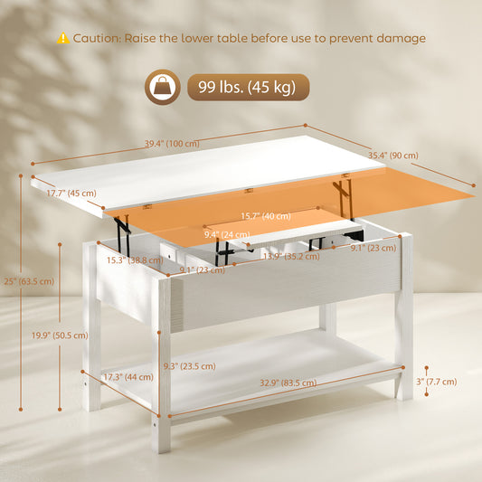 Convertible Lift-Top Coffee Table with Hidden Compartment, White
