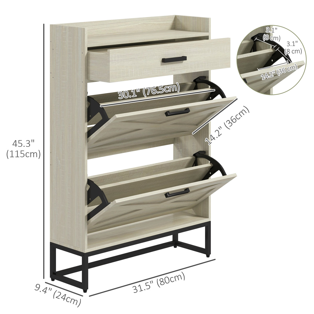 Slim Shoe Storage with 2 Flip Drawers and Adjustable Shelves – 32"W x 45"H