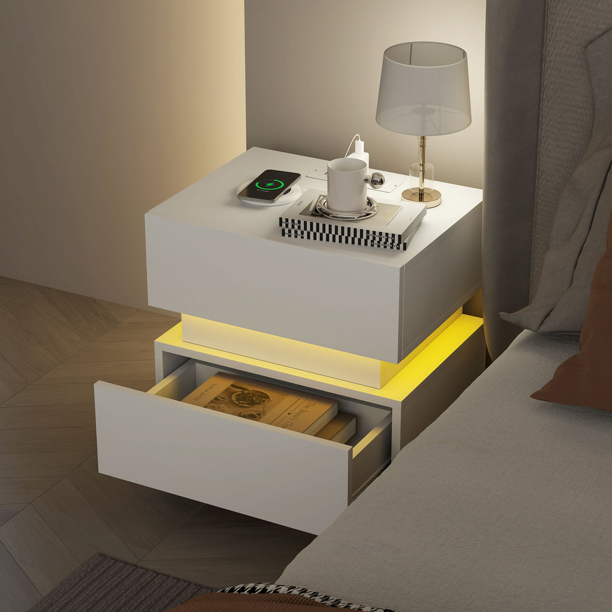 Nightstand with Charging Station and LED Light – 18"W x 18"H