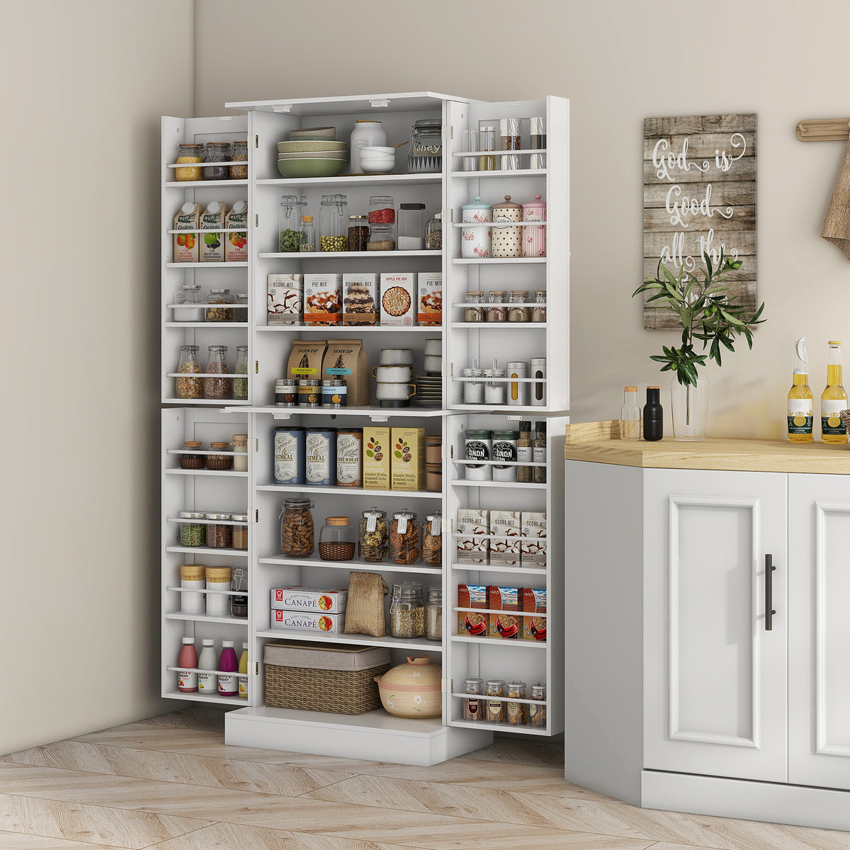 Kitchen Pantry Cabinet with 4 Doors and 16 Door Shelves – 24"W x 65"H