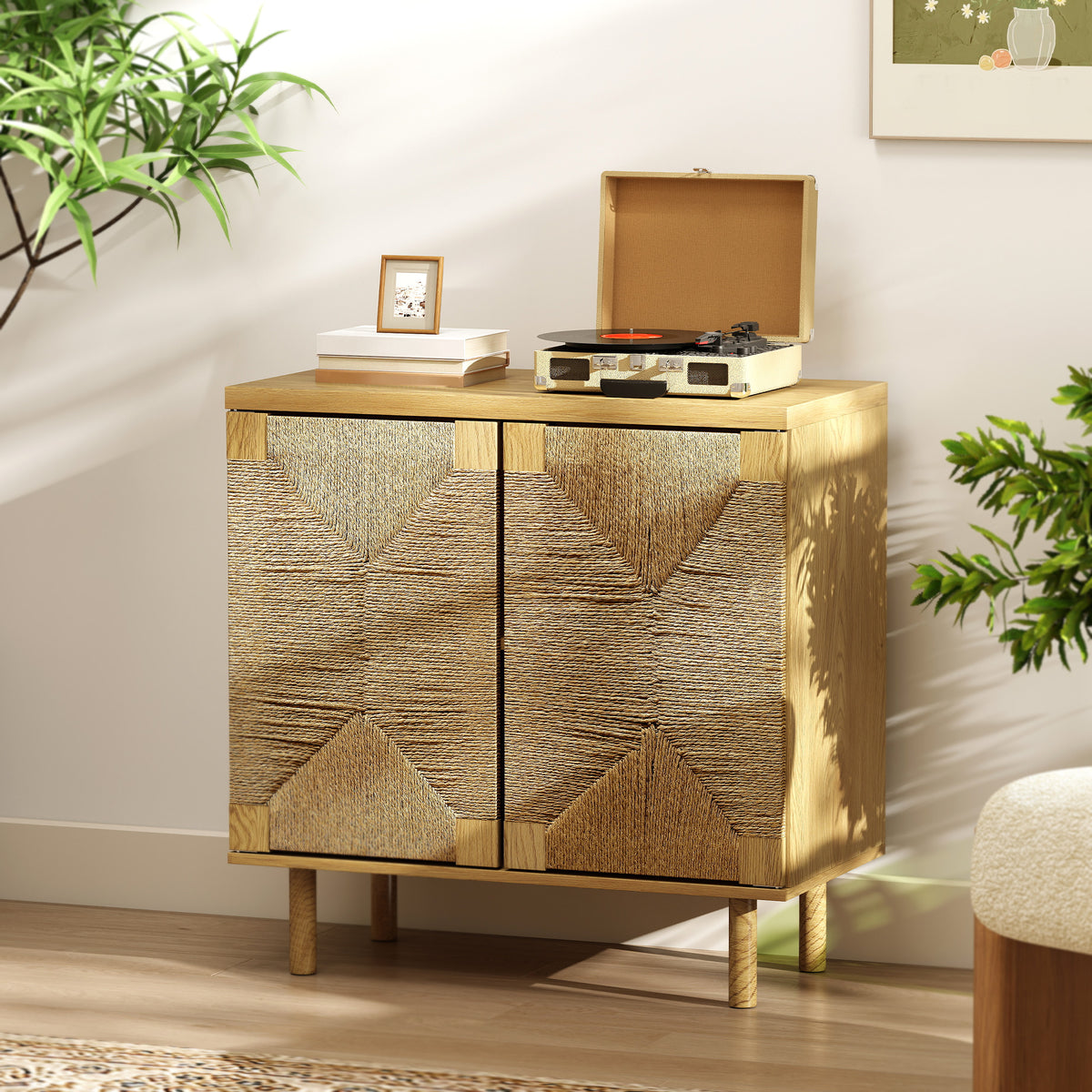 Boho Rope-Weave Sideboard with Push-to-Open Doors – 31"W x 31"H