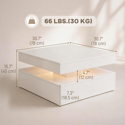 Square LED Coffee Table with 2-Tier Open Storage, High Gloss White