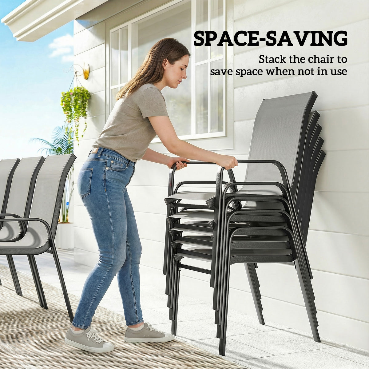Outdoor Dining Sets for 8 with Stackable Chairs, Patio Dining Set with Glass Top Table for Garden, Patio, Backyard – Light Grey