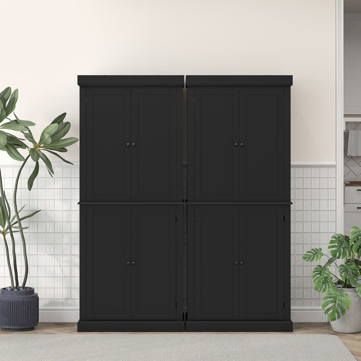 Freestanding Kitchen Pantry Cabinet with 4 Doors – 30"W x 73"H, Black
