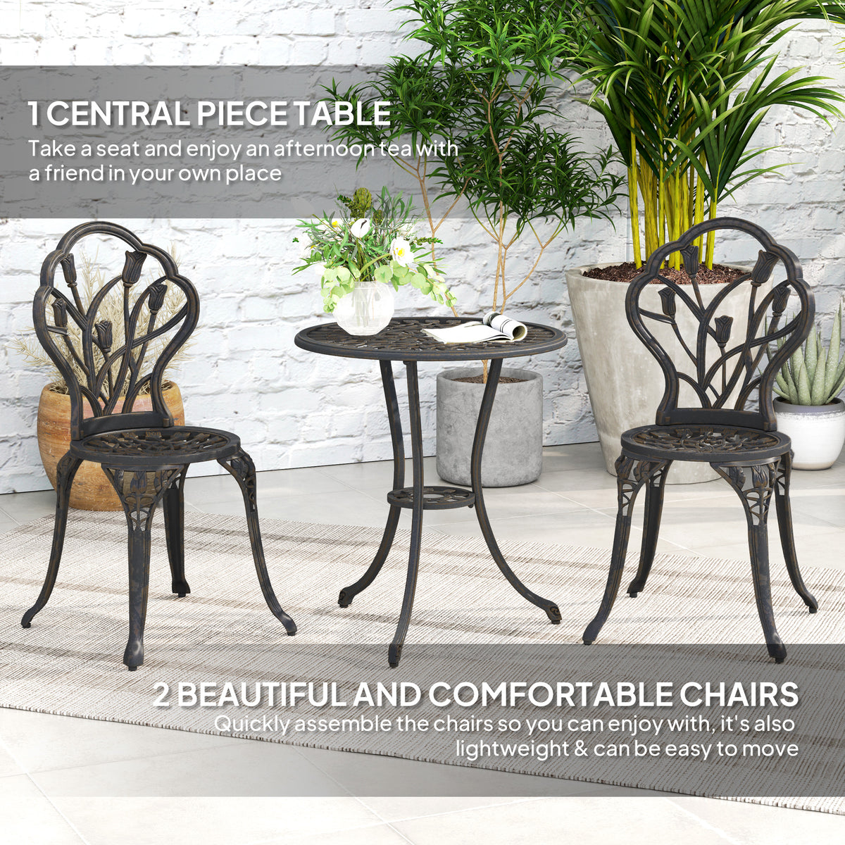 3PCs Patio Bistro Set, Outdoor Cast Aluminum Garden Table and Chairs with Umbrella Hole for Balcony, Bronze – Bronze