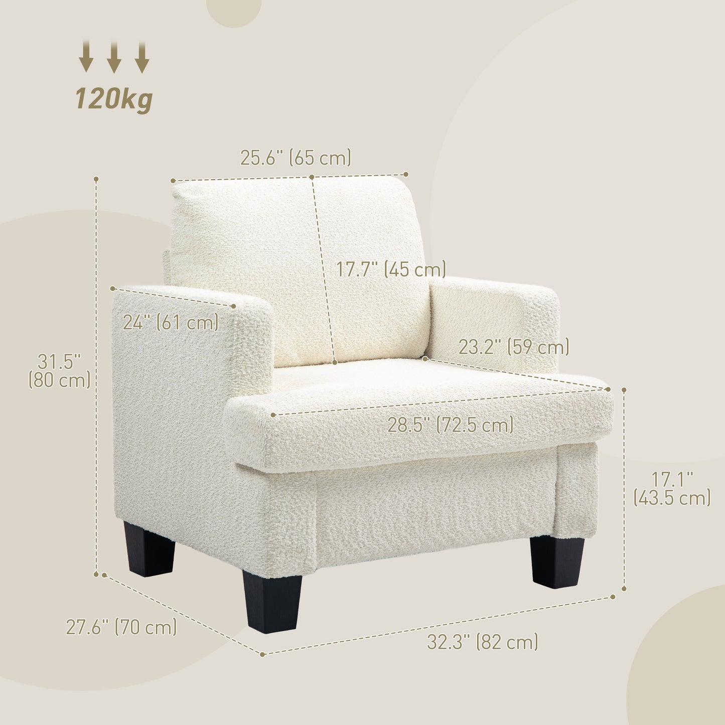 Modern Cream White Chenille Accent Armchair with Wood Frame, Back Pillow