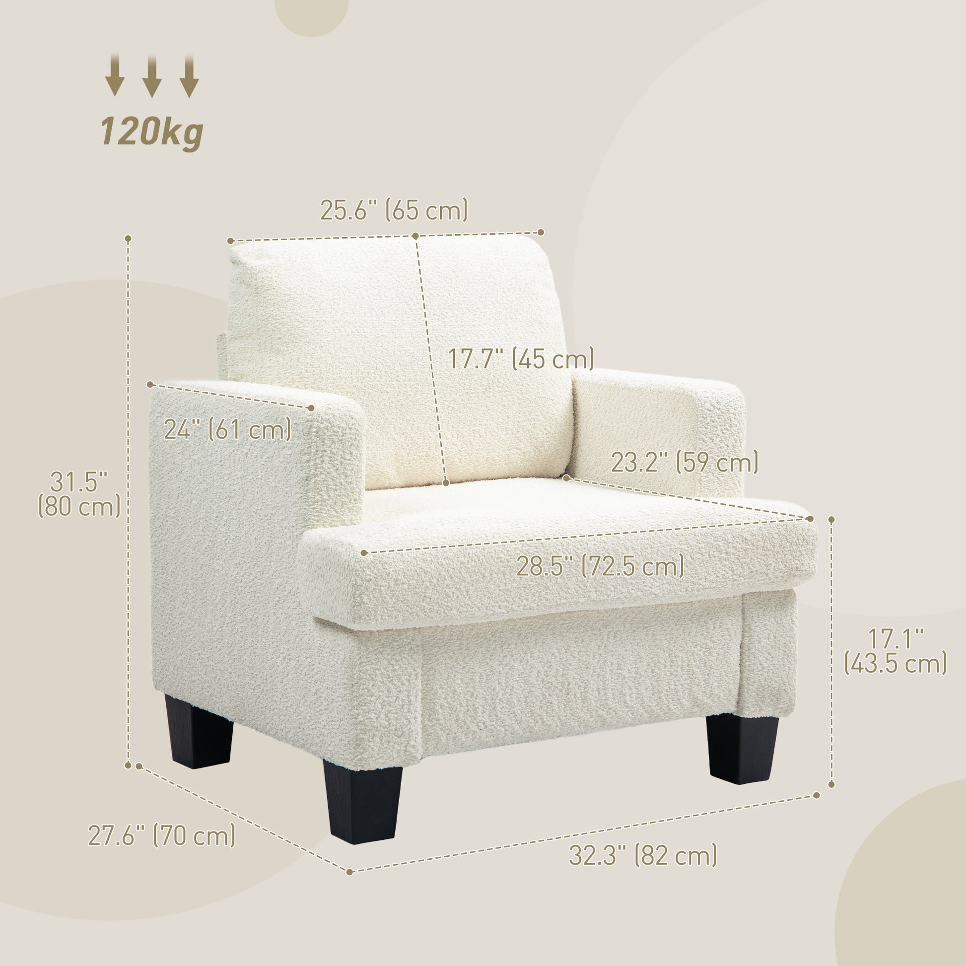 Modern Cream White Chenille Accent Armchair with Wood Frame, Back Pillow