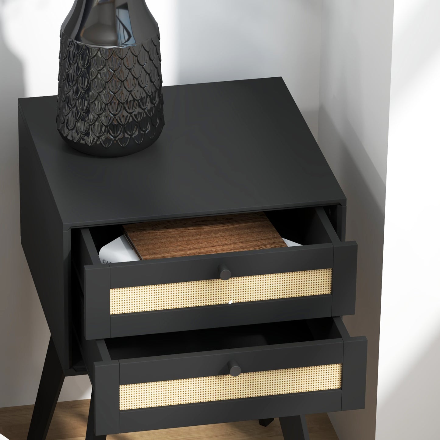 HOMCOM Boho Nightstands Set of 2 with Rattan Drawers, Square Bedside Tables