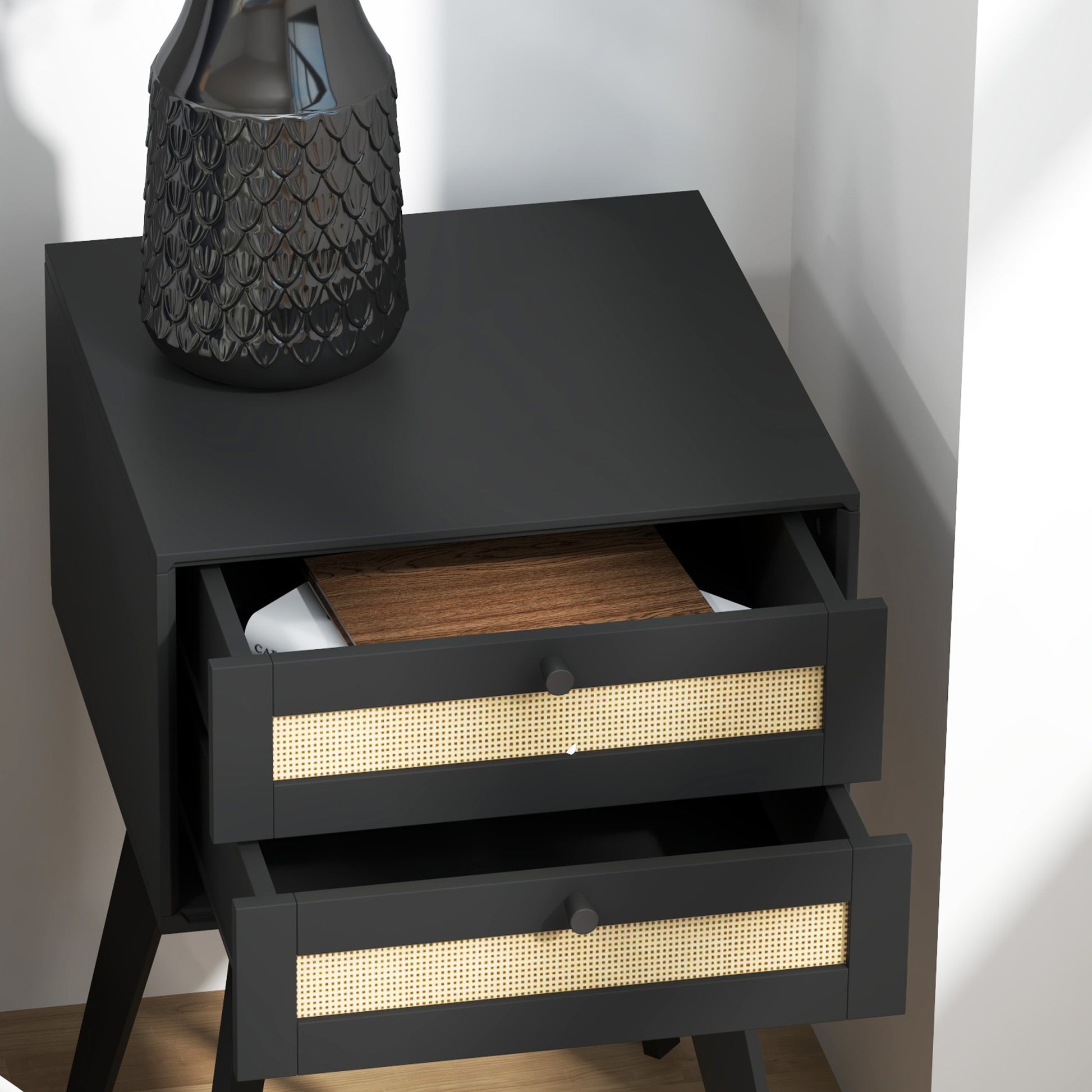 HOMCOM Boho Nightstands Set of 2 with Rattan Drawers, Square Bedside Tables