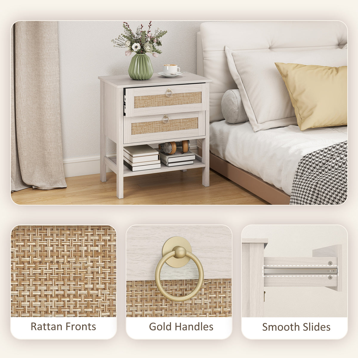 Boho Rattan Nightstands with 2 Drawers, Set of 2 – 24"W x 26"H