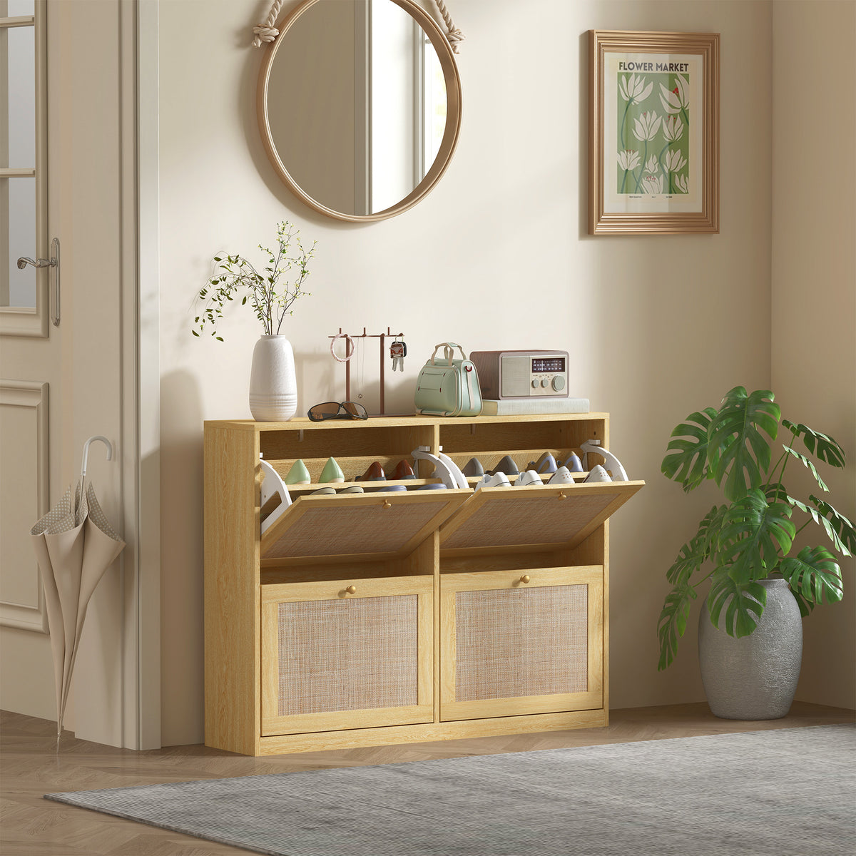 Rattan Shoe Cabinet with 4 Flip Drawers – 41"W x 32"H