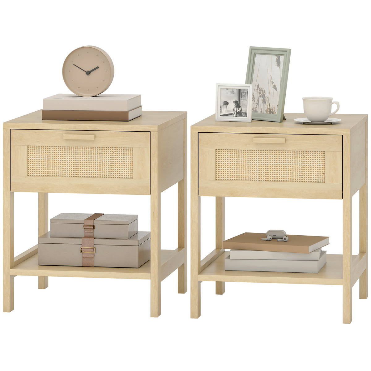 Narrow Rattan Nightstands with Drawer and Shelf, Set of 2 – 16"W x 19"H