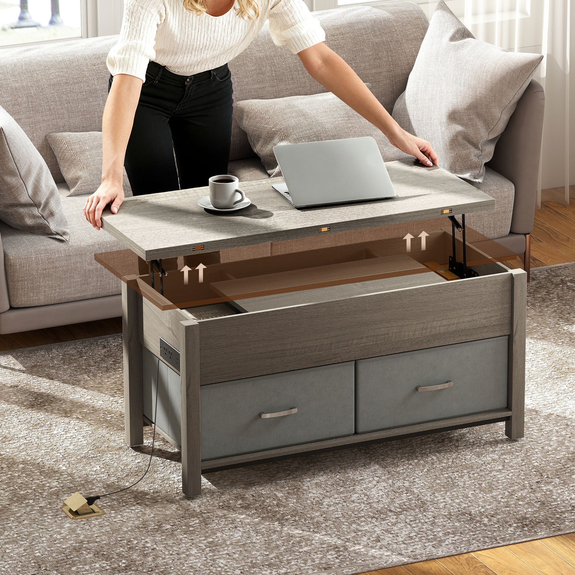 Modern Lift Top Coffee Table with Charging, Hidden Storage & Fabric Drawers