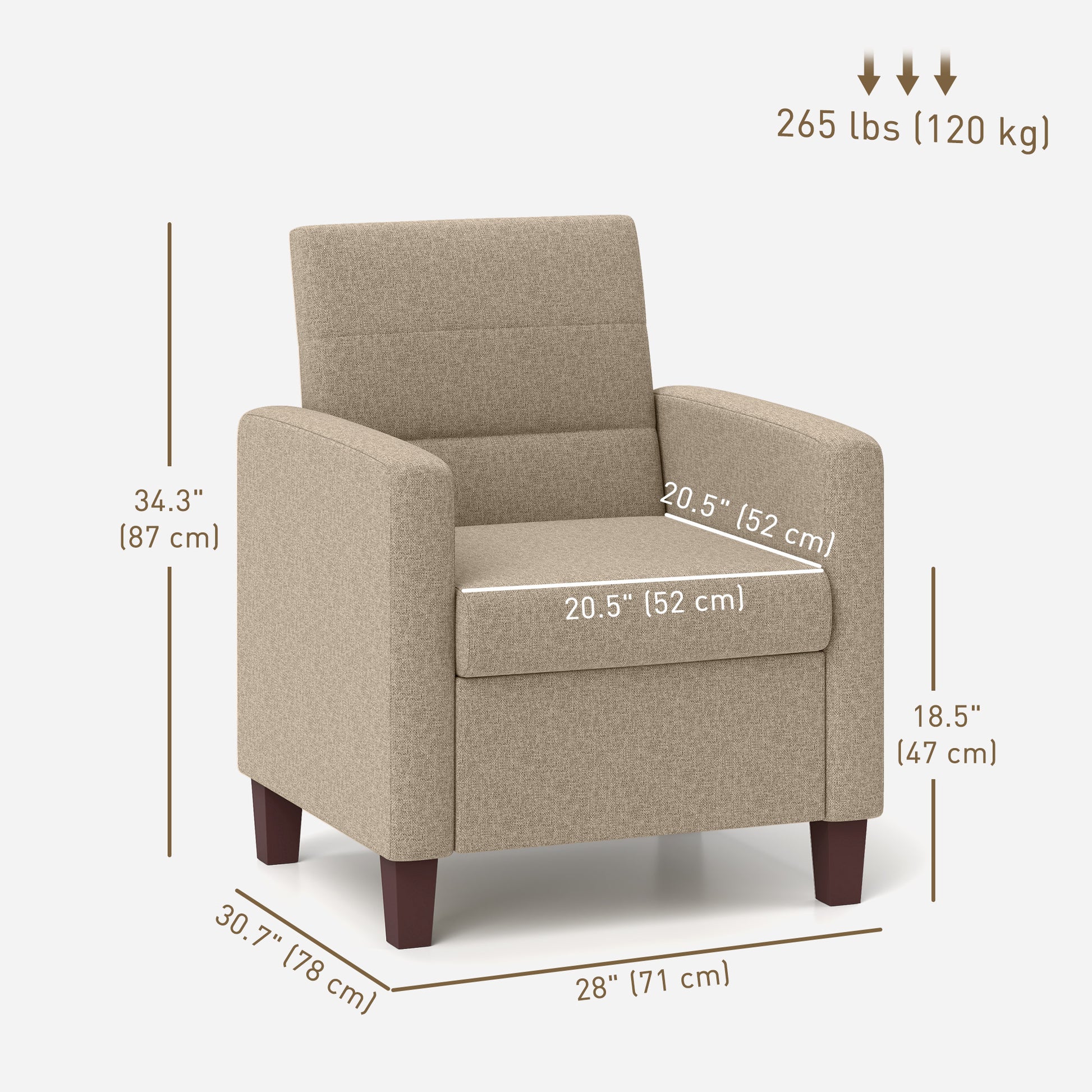 HOMCOM Modern Light Brown Fabric Accent Chair with Supportive Cushion and Non-Slip Pads