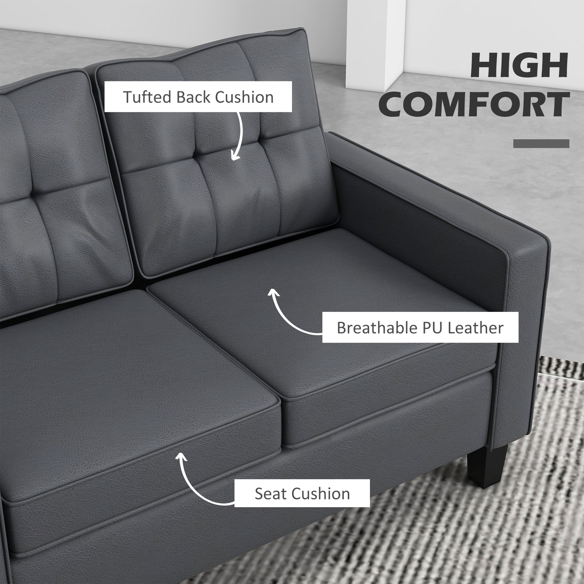 HOMCOM Grey 130cm PU Leather Loveseat Double Sofa, Tufted Backrest, Pocket Spring Comfort