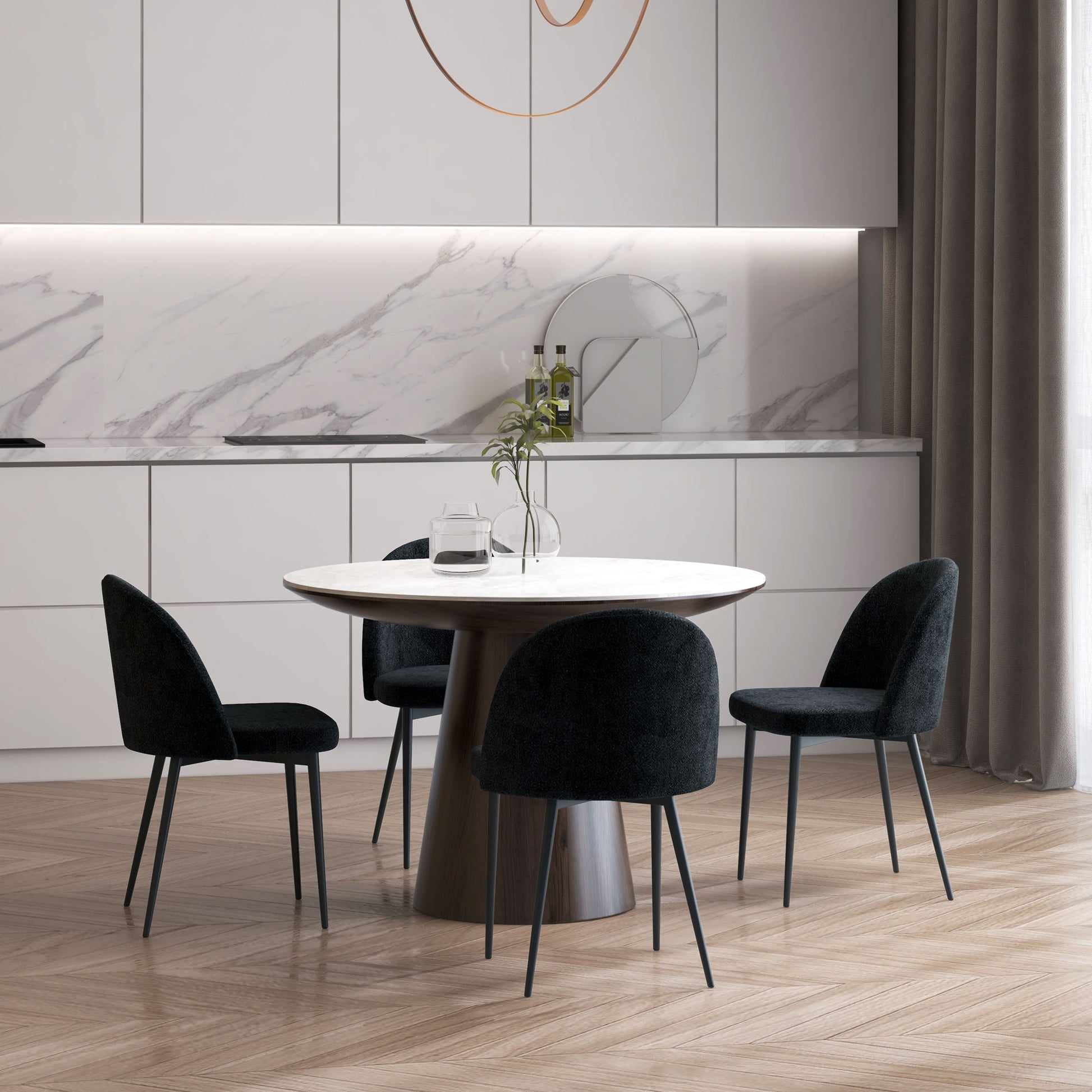 Modern Velvet Mid-Back Dining Chairs Set of 4, Black Upholstery, Sturdy Metal Legs