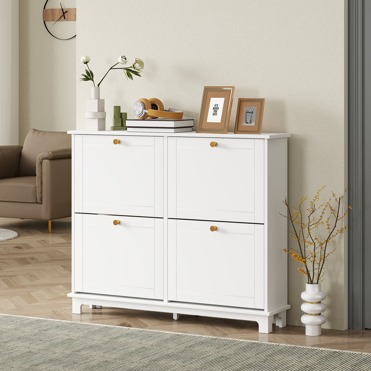 Modern Narrow Shoe Cabinet with 4 Flip Drawers – 47"W x 34"H