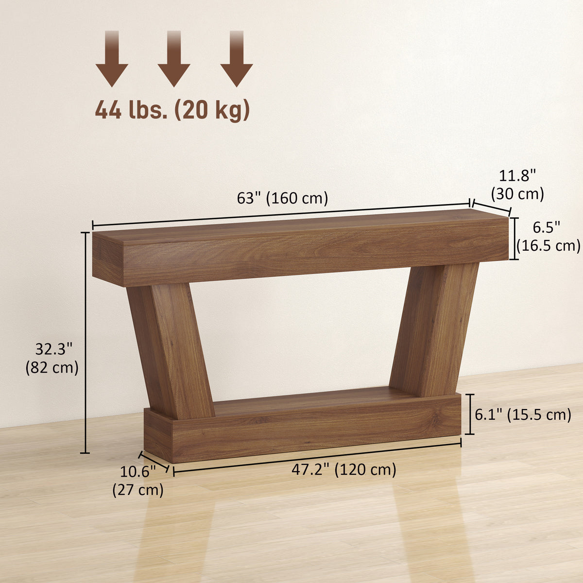 63" Vintage Console Table with Open Shelf, Dark Brown