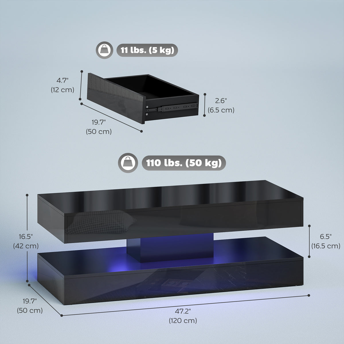 Coffee Table with Adjustable RGB LED Lights, 2 Drawers, Open Shelf and Remote