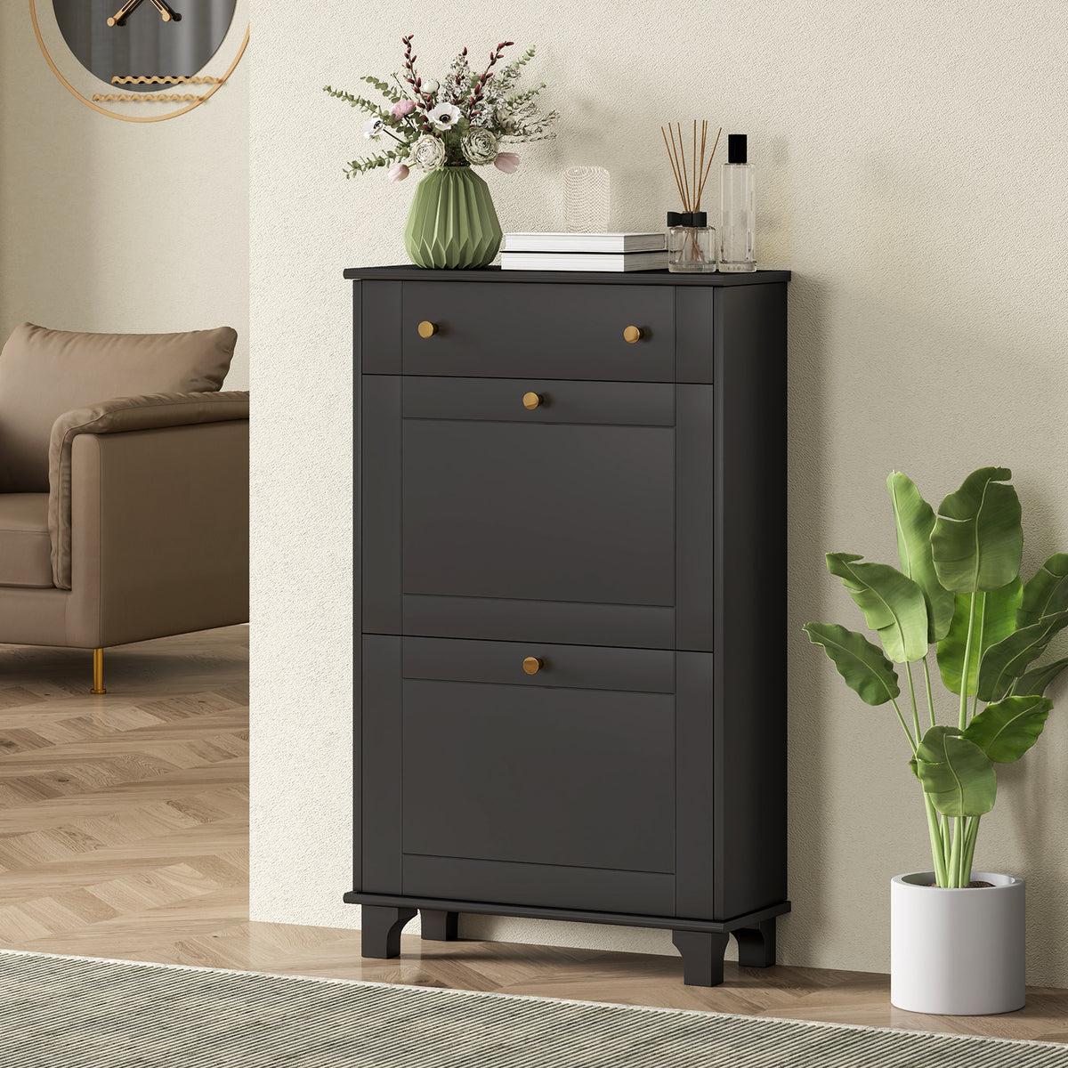 Slim Shoe Storage with 2 Flip Drawers and Adjustable Shelves – 24"W x 39"H