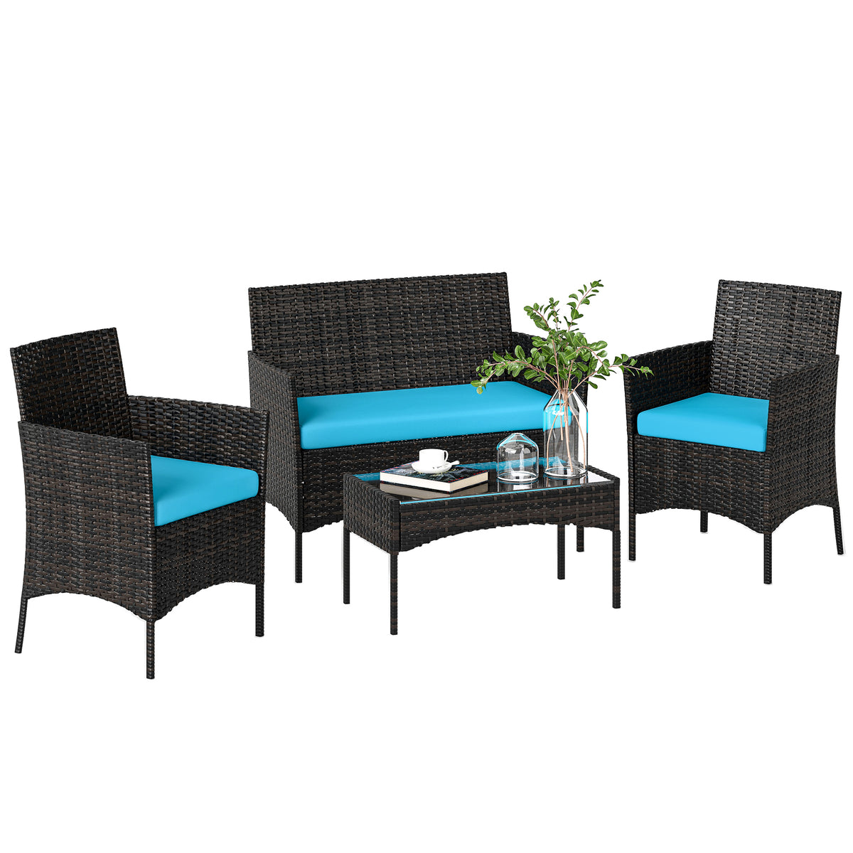 4 Pieces Wicker Outdoor Balcony Furniture Set, Rattan Patio Furniture Set with Loveseat Chairs Glass Coffee Table – Turquoise