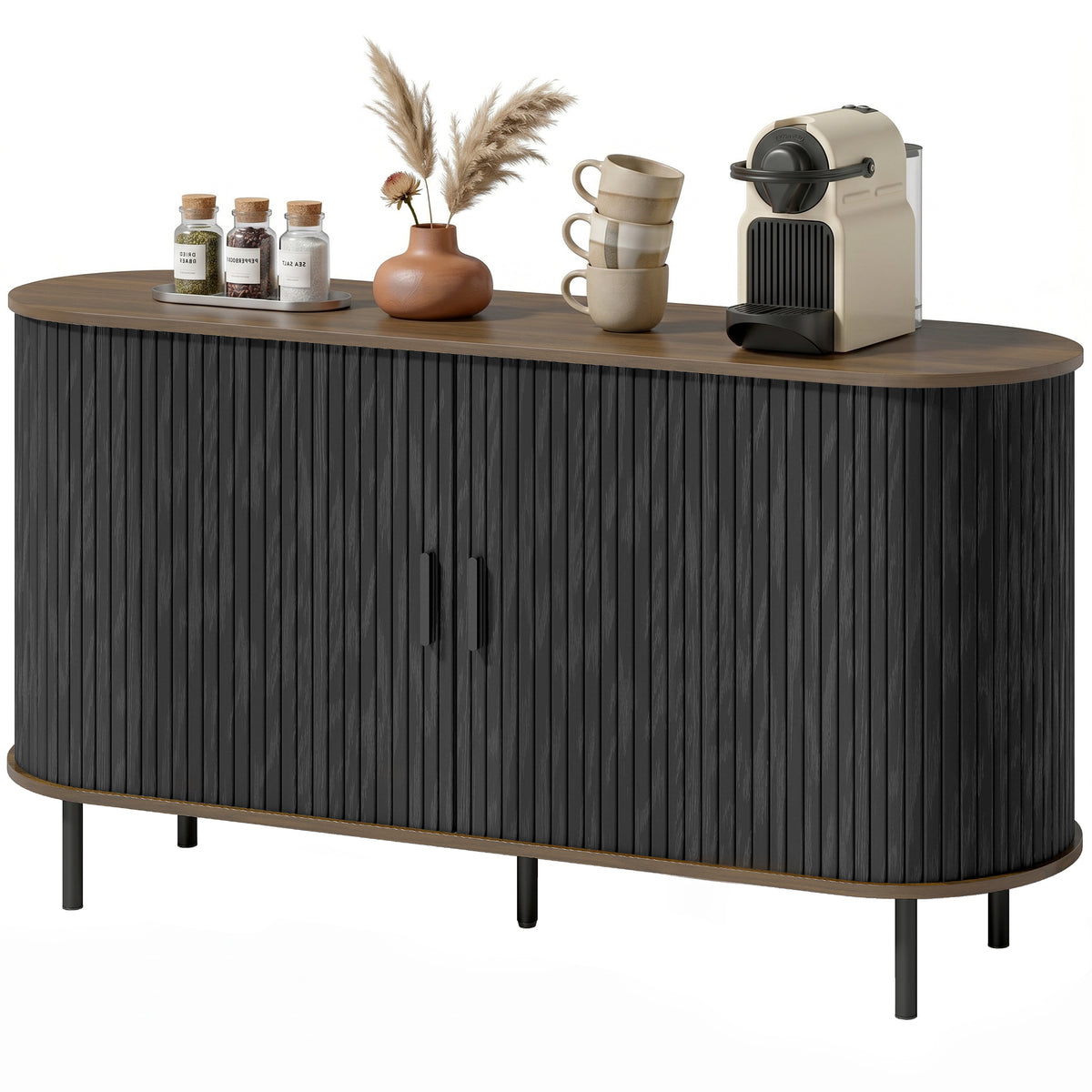 Mid Century Coffee Bar Cabinet with Sliding Doors and Adjustable Shelves – 55"W x 30"H