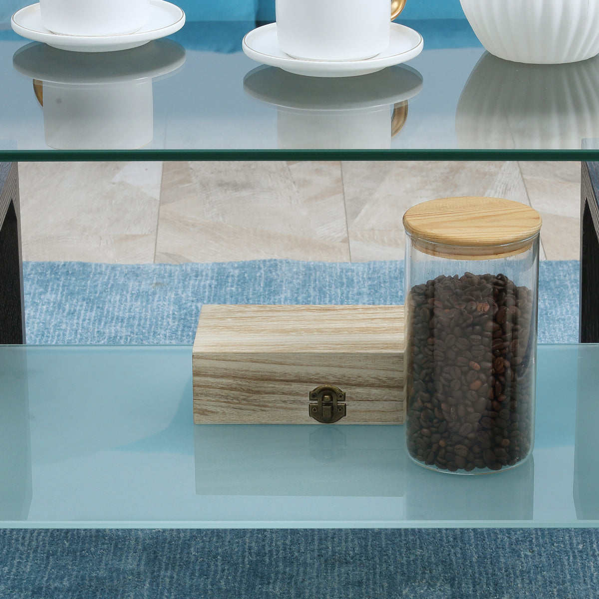 Rectangle Glass-Top Coffee Table with Storage Shelf, Grey