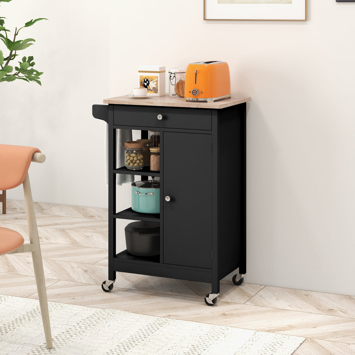 Modern Rolling Kitchen Island Cart with Drawer – 26"W x 34"H