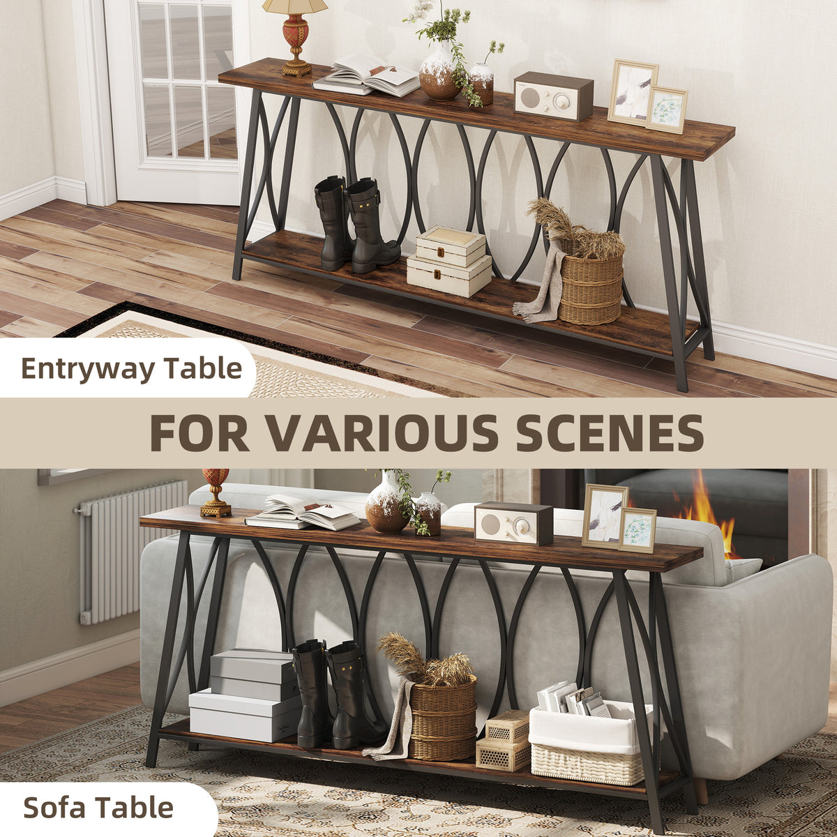 71" Industrial 2-Tier Console Table with Metal Frame