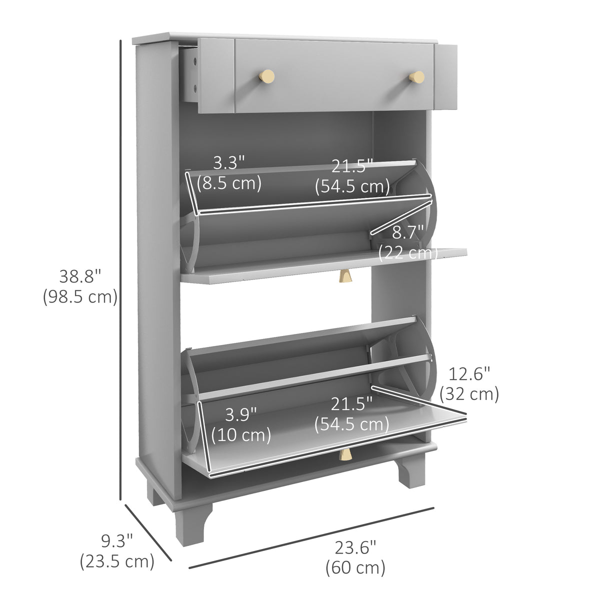 Slim Shoe Storage with 2 Flip Drawers and Adjustable Shelves – 24"W x 39"H