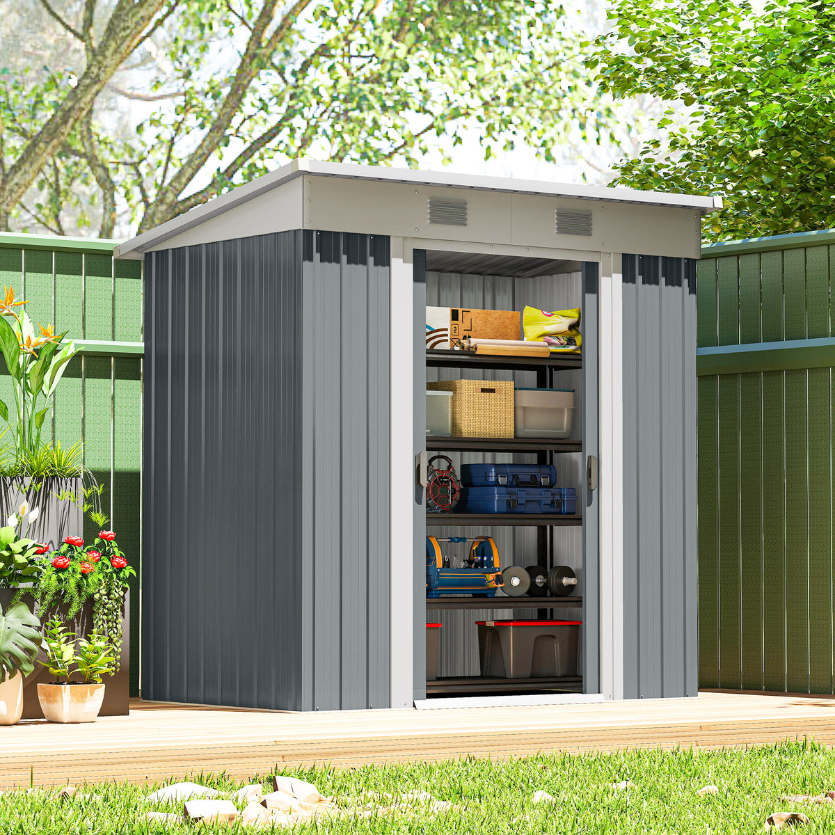 6' x 4' Outdoor Storage Shed, Metal Garden Shed with Lockable Sliding Doors and Vents – Grey