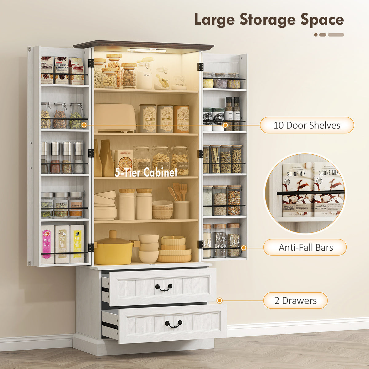 LED Kitchen Pantry Cabinet with 10 Door Shelves and 2 Drawers – 30"W x 72"H