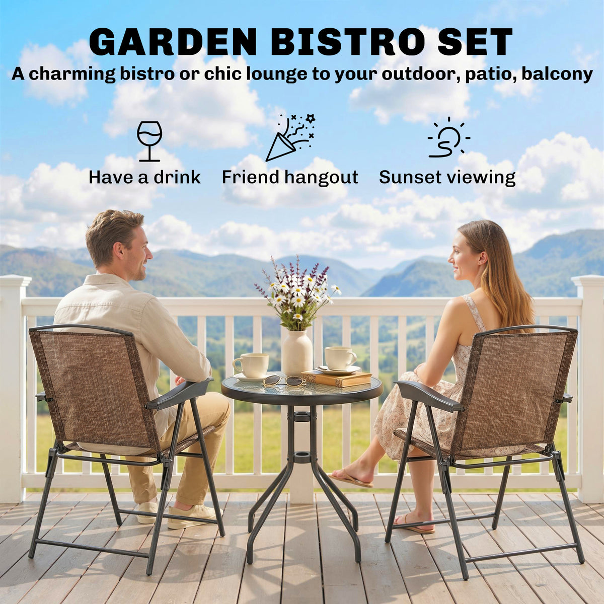 Folding Outdoor Bistro Set, Patio Table and Chairs with Reclining Backrest and Round Dining Table