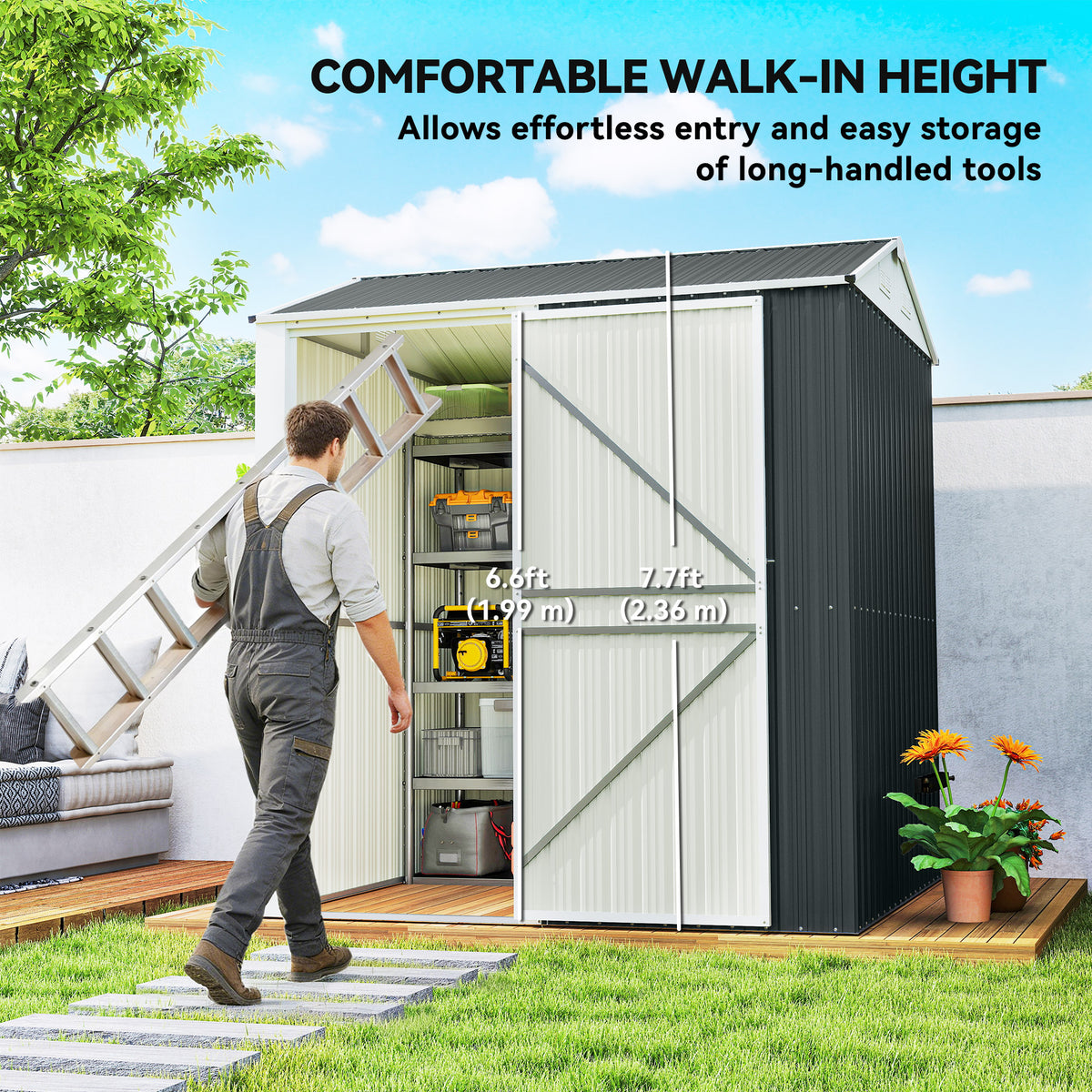7' x 6' Tall Outdoor Storage Shed, Waterproof Metal Garden Shed with Gloves, Lockable Door – Dark Grey