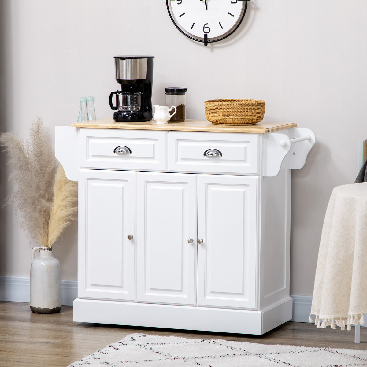 Rolling Kitchen Island with Rubberwood Top and Towel Rack – 43"W x 36"H