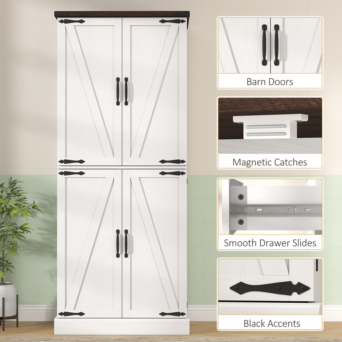 Farmhouse Storage Cabinet with 8 Door Racks and Adjustable Shelves – 30"W x 72"H