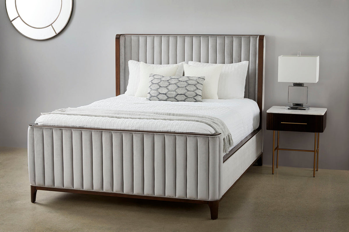 Channel-Tufted Velvet Bed with Wood Frame – Grey