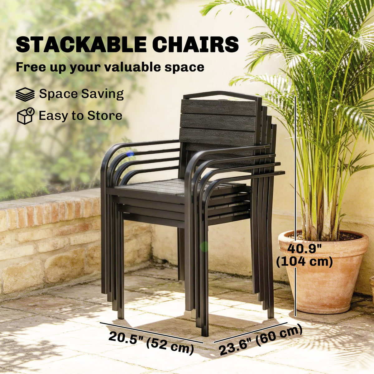 Stackable Patio Chairs Set of 4, Outdoor Dining Chairs with Slatted HDPE Seat, Armrests for Garden, Backyard