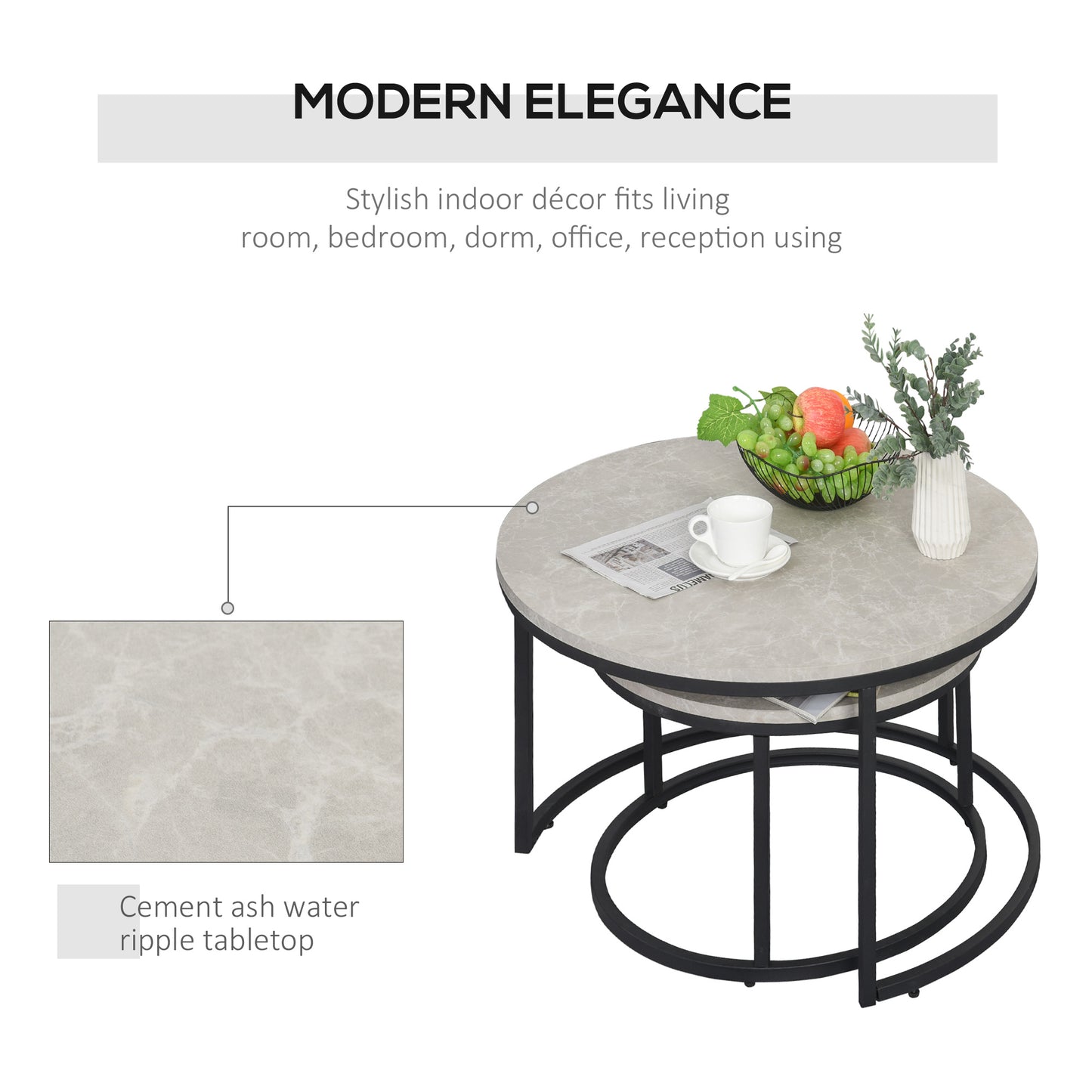 HOMCOM Modern 2-Piece Nesting Coffee Table Set, Round Cement Grey Living Room